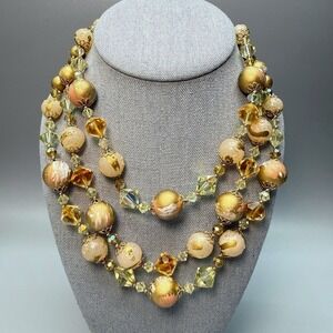 VTG Japan Three Strand Sugared AB Glass Bead Necklace 15" Peach Tan Gold Tone